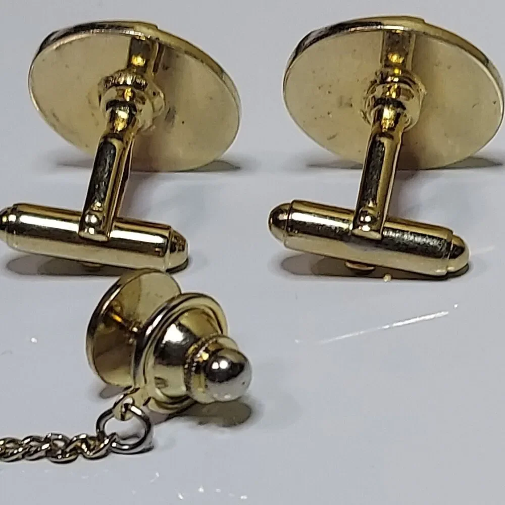 SET Cuff links Tie Tac Brushed with leaf pattern 3/4